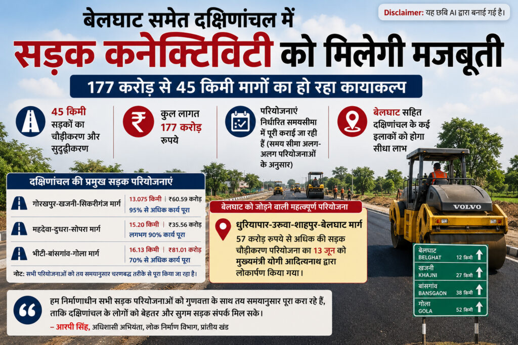 गोरखपुर के दक्षिणांचल में सड़क कनेक्टिविटी को बेहतर बनाने के लिए करीब 45 किमी सड़कों के चौड़ीकरण और सुदृढ़ीकरण पर 177 करोड़ रुपये खर्च किए जा रहे हैं। बेलघाट को जोड़ने वाली 57 करोड़ रुपये से अधिक की धुरियापार-उरुवा-शाहपुर-बेलघाट सड़क चौड़ीकरण परियोजना भी इस क्षेत्र के लिए महत्वपूर्ण है